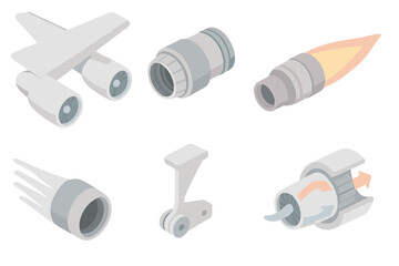 Aircraft Thrust Components. Isometric vector illustration set Aircraft Thrust Systems: twin jet engine under wing, thrust