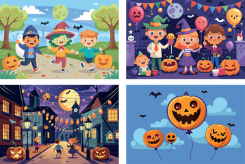 Fototapeta premium Four spooky and fun halloween scenes featuring children costumes pumpkins and decorations