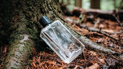 Obraz premium Transparent Bottle on Forest Floor Surrounded by Pine Needles