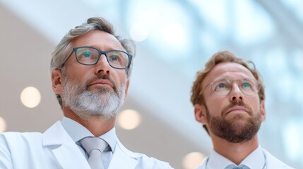 Two male doctors in white lab coats looking up with thoughtful expression. Advanced medicine and technology concept for healthcare future.