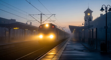 Train arriving at station platform on foggy morning
