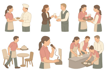 Restaurant Team Dynamics. Isometric vector illustration set Restaurant Team Dynamics: waitress handing plate to chef, hostess