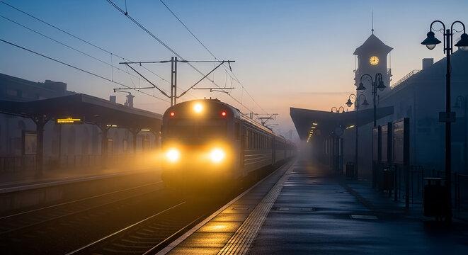 Train arriving at station platform on foggy morning