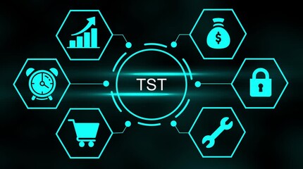 Digital business strategy icons connected in a network with glowing central text representing growth finance security time and shopping - Powered by Adobe