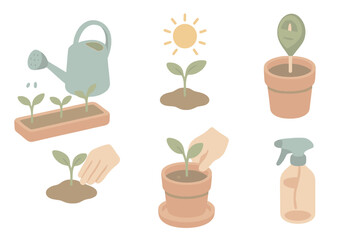 Plant Care Icons. Isometric vector illustration set Plant Care Routine: watering can next to seedlings, sun shining on sprout,