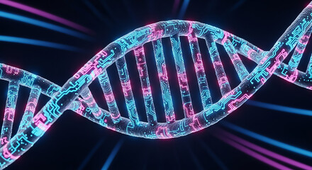 Dna helix featuring glowing circuit board elements