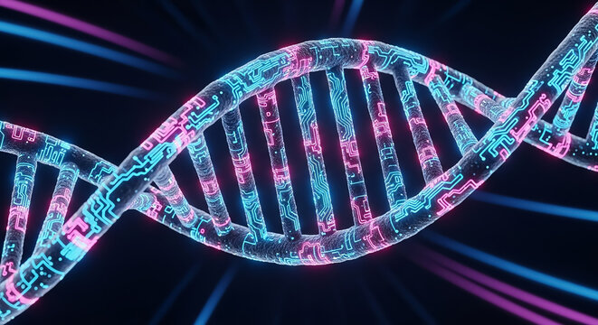 Dna helix featuring glowing circuit board elements