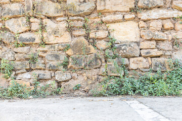 A beautiful horizontal texture of a wall of yellow stones is in the park