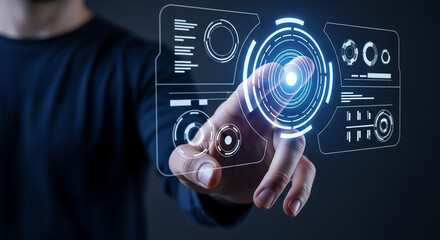 Hand interacting with futuristic digital interface concept