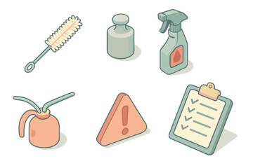 Centrifuge Maintenance Essentials. Isometric vector illustration set Centrifuge maintenance tools: tube brush cleaner, calibration