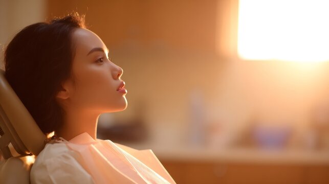 Young asian woman sitting in a dental chair in a healthcare clinic for a medical examination. Medicine and patient care concept.