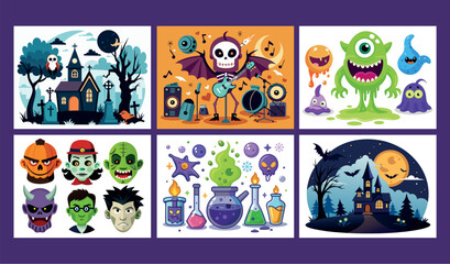 Fototapeta premium Spooky halloween characters and objects collage festive scary holiday theme elements collection