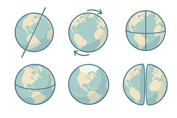 Earth Rotation Diagram. Isometric vector illustration set globe spin axis geography: axial tilt diagram earth, rotational globe