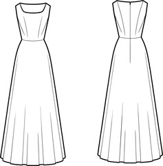 Technical fashion illustration, sleeveless dress sketch, front and back view, flared skirt, scoop neckline, zipper back, garment construction drawing