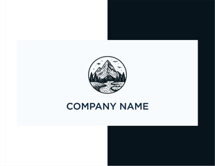 Mountain landscape logo with river and trees in a circular frame.