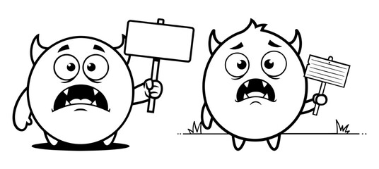 Vector art of two cartoon monsters holding blank signs, expressing sadness and protest