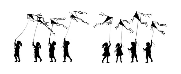 Vector art of silhouette of children flying kites on a