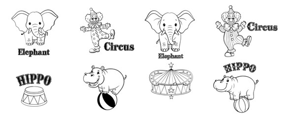 Vector art of circus animal illustrations including elephant, hippo, and clown