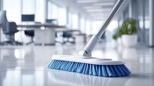 Cleaning the office floor with a blue brush