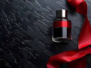 Photo of sleek perfume bottle with red ribbon and luxurious silk cloth, creating elegance