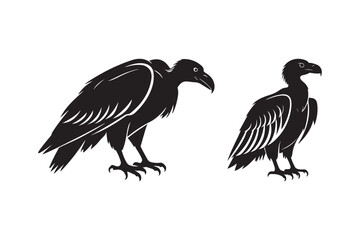 Two black silhouette vultures standing against white background