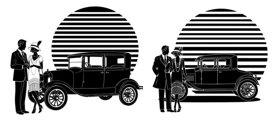 Vector art of vintage 1920s scene featuring couples and classic cars