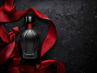 Photo of sleek perfume bottle with red ribbon and luxurious silk cloth, creating elegance