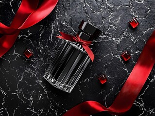 Photo of sleek perfume bottle with red ribbon and luxurious silk cloth, creating elegance