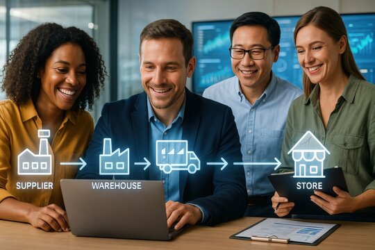 Collaborative supply chain management meeting office group photo professional environment team interaction business strategy