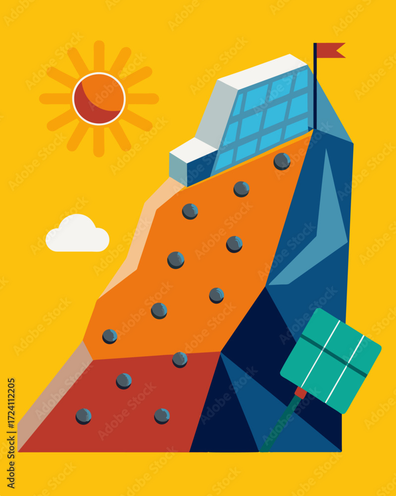Poster a rockclimbing wall with solarpowered holds providing a unique challenge for climbers while also gen