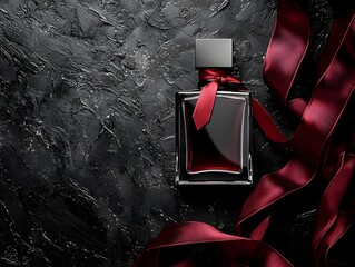 Photo of sleek perfume bottle with red ribbon and luxurious silk cloth, creating elegance