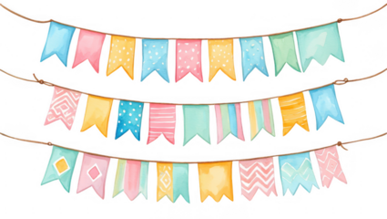 Pastel watercolor bunting isolated on transparent background for party decoration