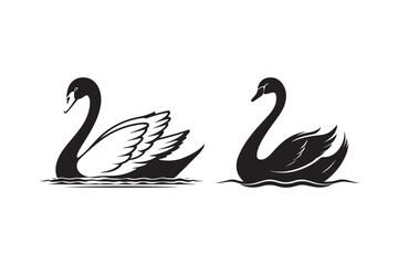 Two elegant swans floating on water in black and white illustration