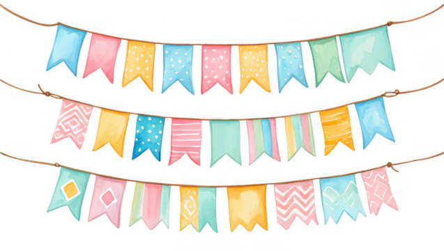 Pastel watercolor bunting isolated on transparent background for party decoration - Powered by Adobe