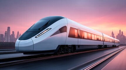 Naklejka premium High-speed train speeding through a city during a vibrant sunset.