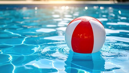 Red and white beach ball floats on a sunny pool