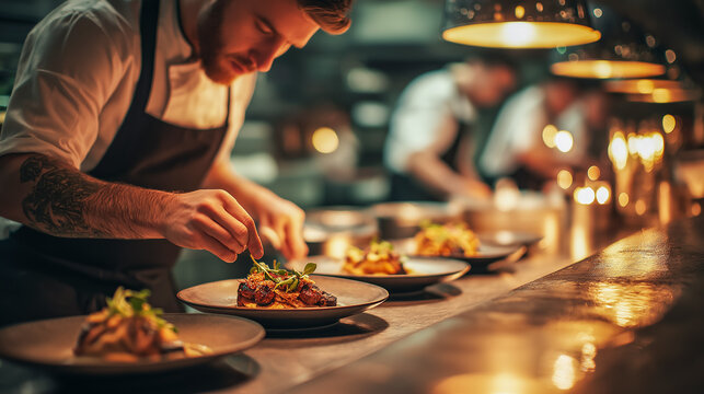 Close up of professional chef carefully plating gourmet dish with artistic detail