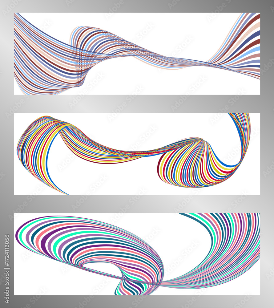 Aufkleber wavy lines or ribbons. set of 3 backgrounds. multicolored striped gradient. creative unusual backgro