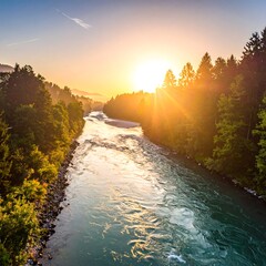 River flowing through lush forest at sunrise