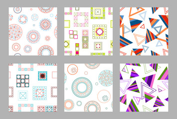 Seamless pattern of geometric shapes. Bright seamless pattern. Set of 6 patterns. Design for fabric, wallpaper