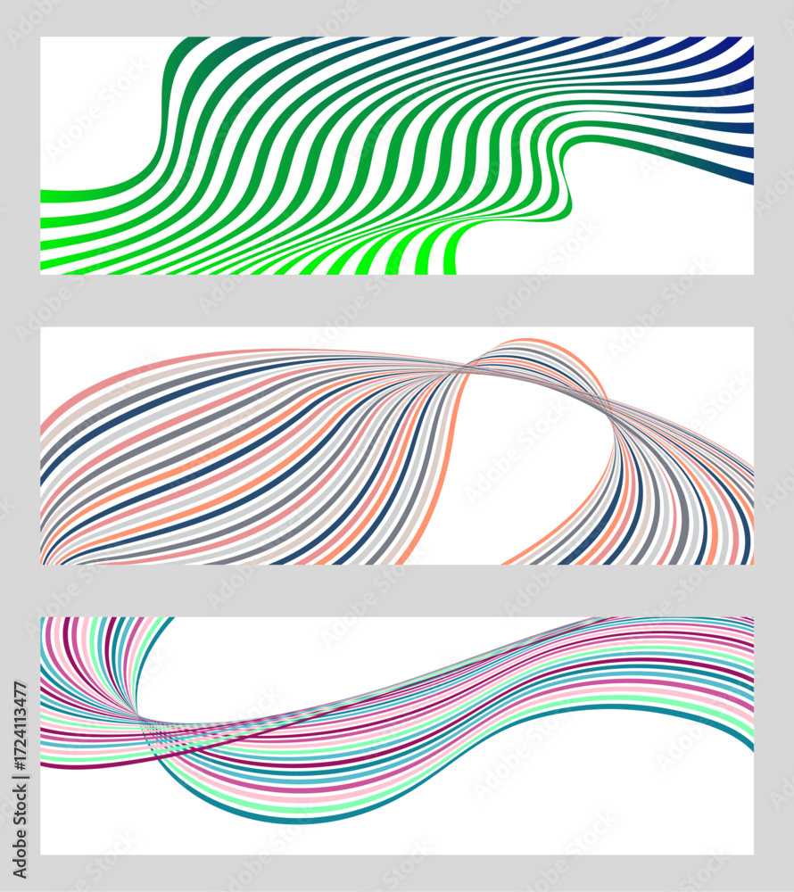 Aufkleber wavy lines or ribbons. set of 3 backgrounds. multicolored striped gradient. creative unusual backgro
