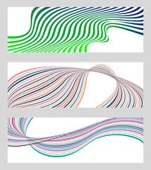 Wavy lines or ribbons. Set of 3 backgrounds. Multicolored striped gradient. Creative unusual background with abstract gradient wave lines to create a trendy banner, poster. vector eps