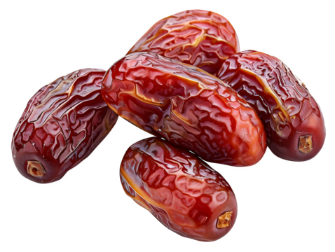 Professional studio image of highly detailed fresh dates isolated on , five large oval fruits with deep reddish-brown glossy skin, natural folds Isolated to Transparent Background