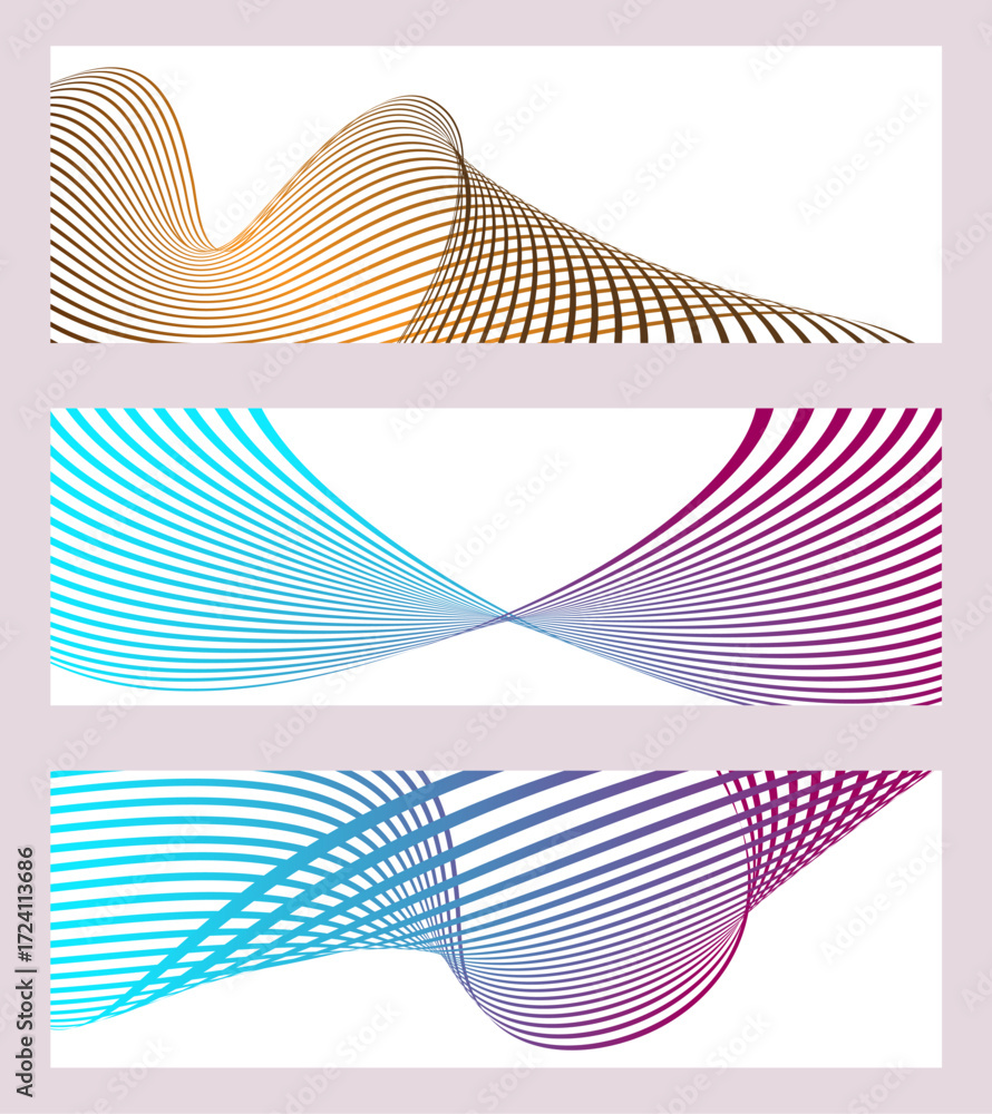 Aufkleber wavy lines or ribbons. set of 3 backgrounds. multicolored striped gradient. creative unusual backgro