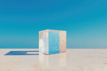 Minimalist cube with soft colors casts long shadow against brigh