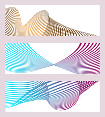 Wavy lines or ribbons. Set of 3 backgrounds. Multicolored striped gradient. Creative unusual background with abstract gradient wave lines to create a trendy banner, poster. vector eps