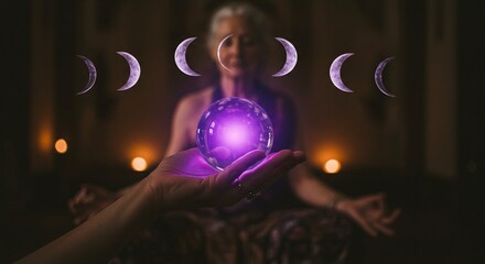 Mystical fortune teller meditating with moon phases above, holding glowing crystal ball. Concept of divination, clairvoyance, spirituality.