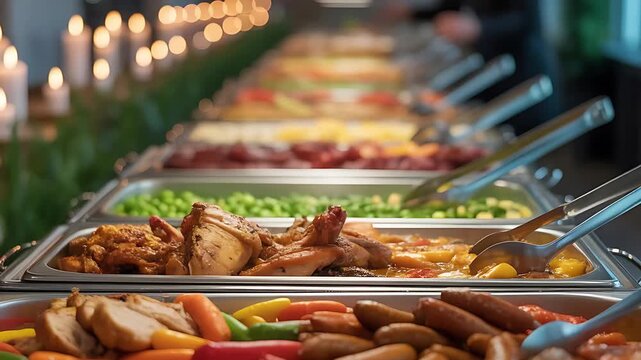 A mouth-watering video of a vibrant food buffet with gourmet dishes. Close-up pans highlight delicious meals in shining chafing dishes. Perfect for catering, restaurant, and celebration visuals.
