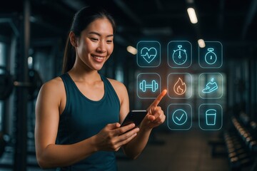 Fitness tracking young woman using smartphone in gym health monitoring dynamic environment engaging viewpoint wellness concept