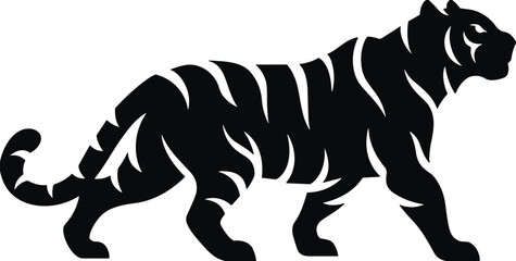 Black silhouette icon of stylized walking tiger with visible stripes, minimalist wild animal design for nature, logo, or illustration use